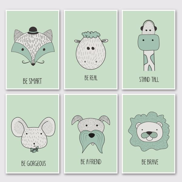 Green animal card set Nursery Wall Art