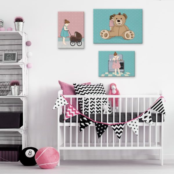 Pink and blue girls room decor set of prints
