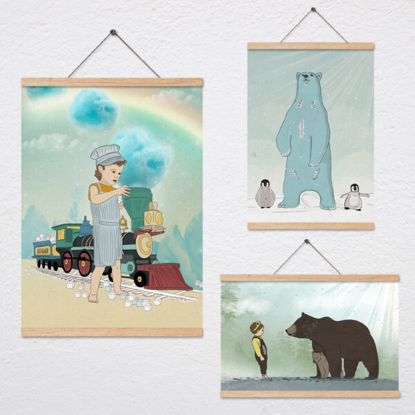שלושה ציורים עם מתלה- דובים ורכבות