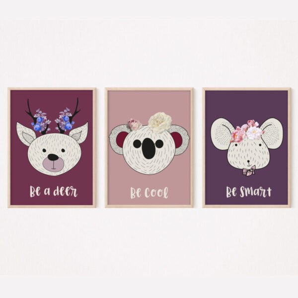 תמונות לעיצוב חדרי ילדים | חדר חיות צבעוניות | עכבר | דוב קואלה | אייל